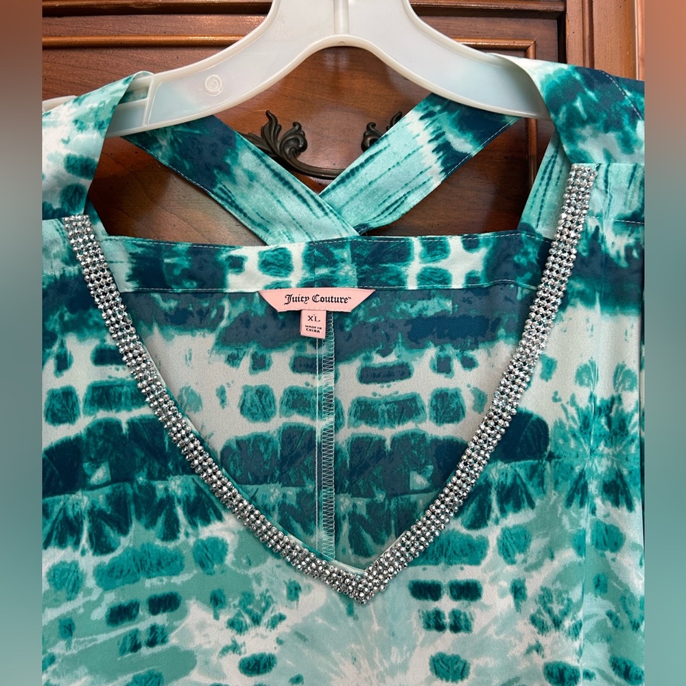 Juicy Couture Tie Dye Rhinestone V-Neck Top Blue Green Open Shoulder Women US XL